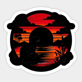 Aquatic Animal Vintage Sunset Cute Japanese Art Otter Sticker